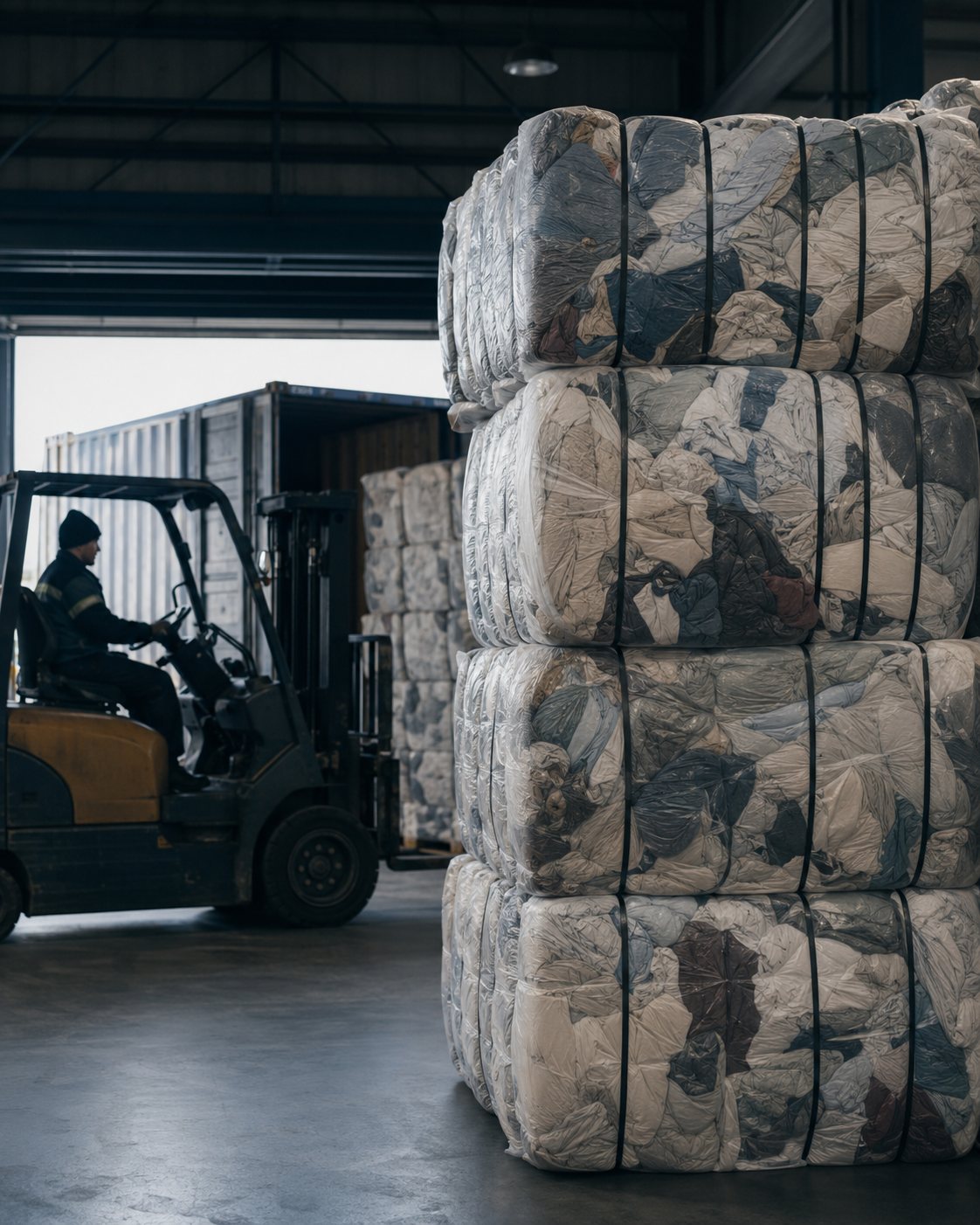 Textile bales moved in logistics warehouse